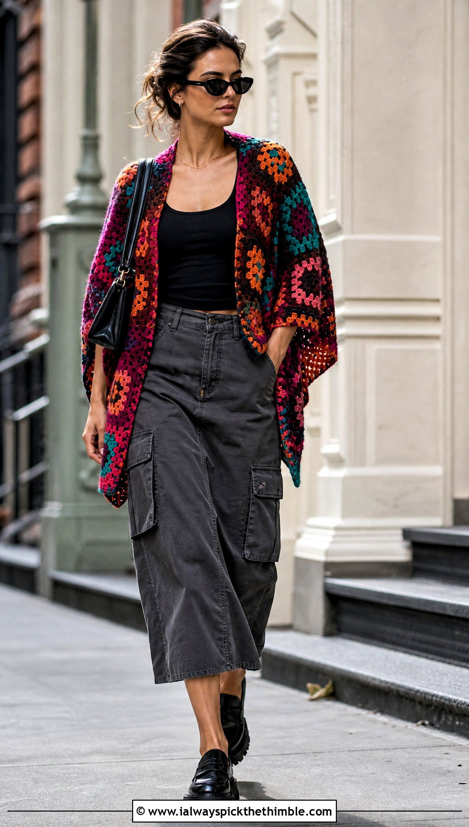 Patchwork Granny Square Ruana With Cargo Skirt - 20 Granny Square Ruana outfit ideas