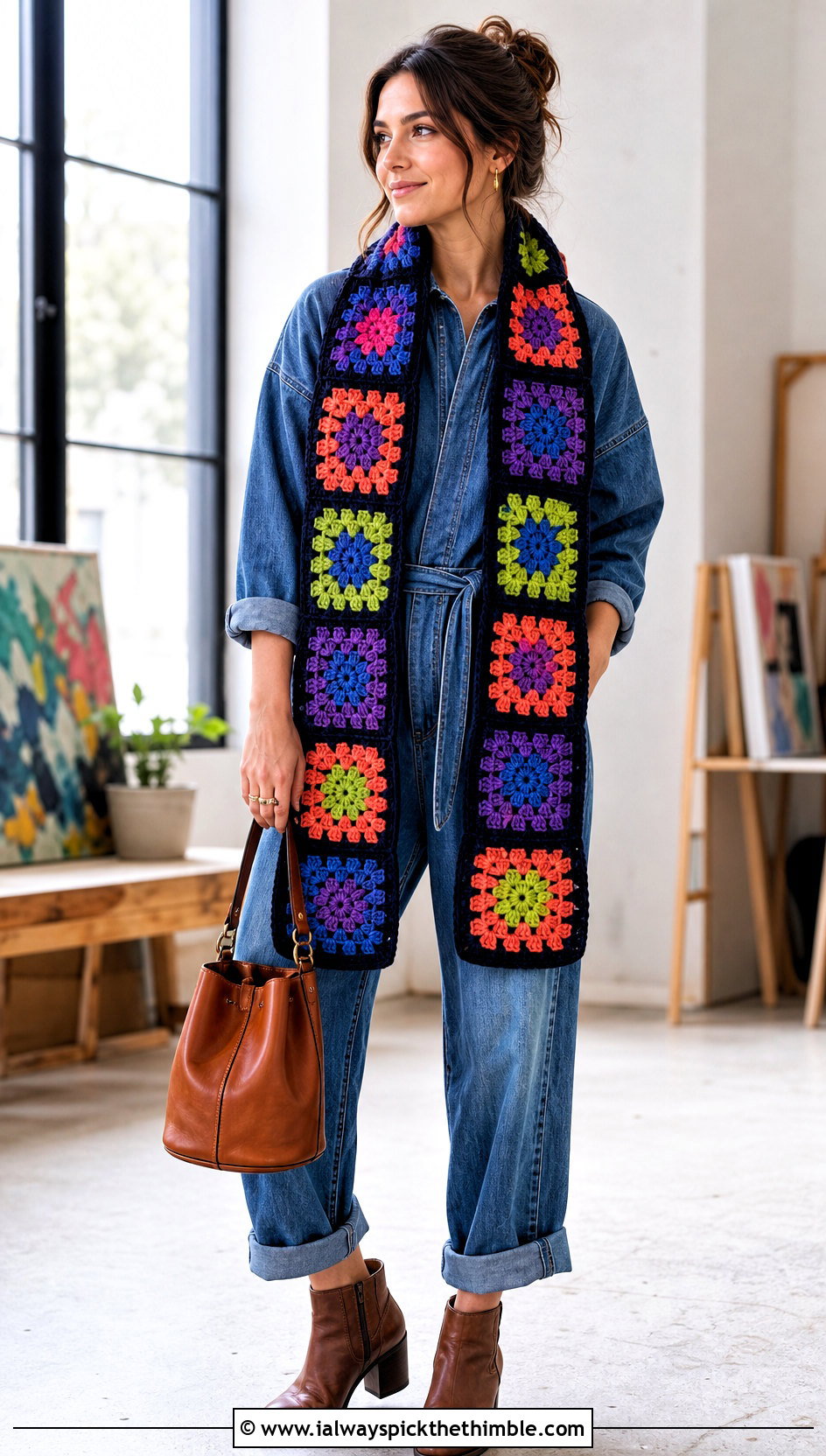 Patchwork Granny Square Scarf With Denim Jumpsuit And Ankle Boots - 25 granny square scarf outfit ideas