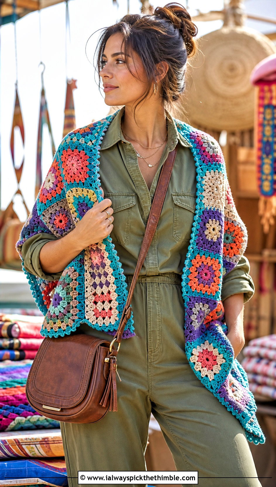 Patchwork Granny Square Shawl With Utility Jumpsuit - 25 granny square shawl outfit ideas
