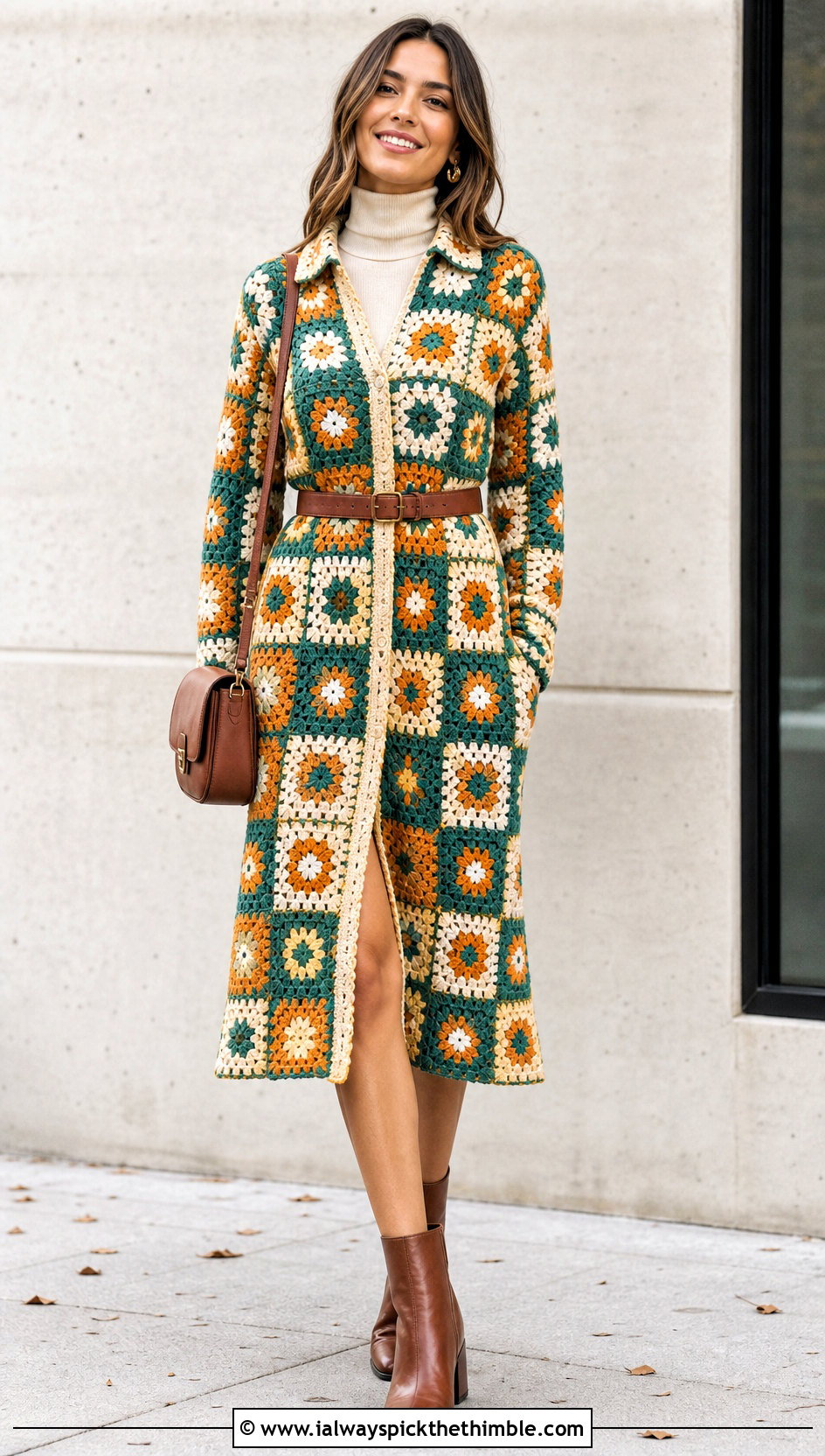 Patchwork Granny Square Shirt Dress With Ankle Boots - 25 granny square dress outfit ideas