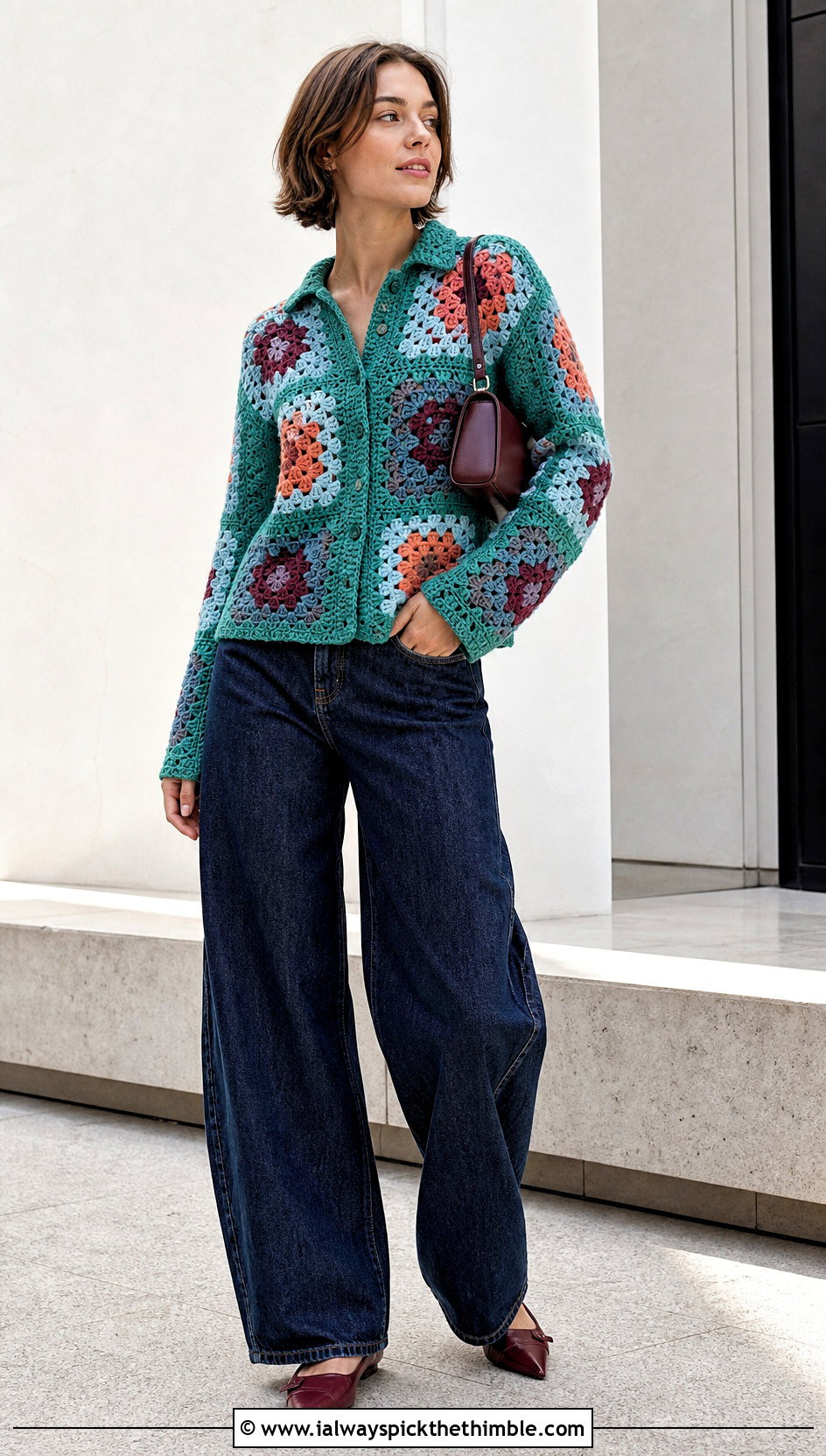 Patchwork Granny Square Shirt With Barrel Jeans - 25 granny square shirt outfit ideas