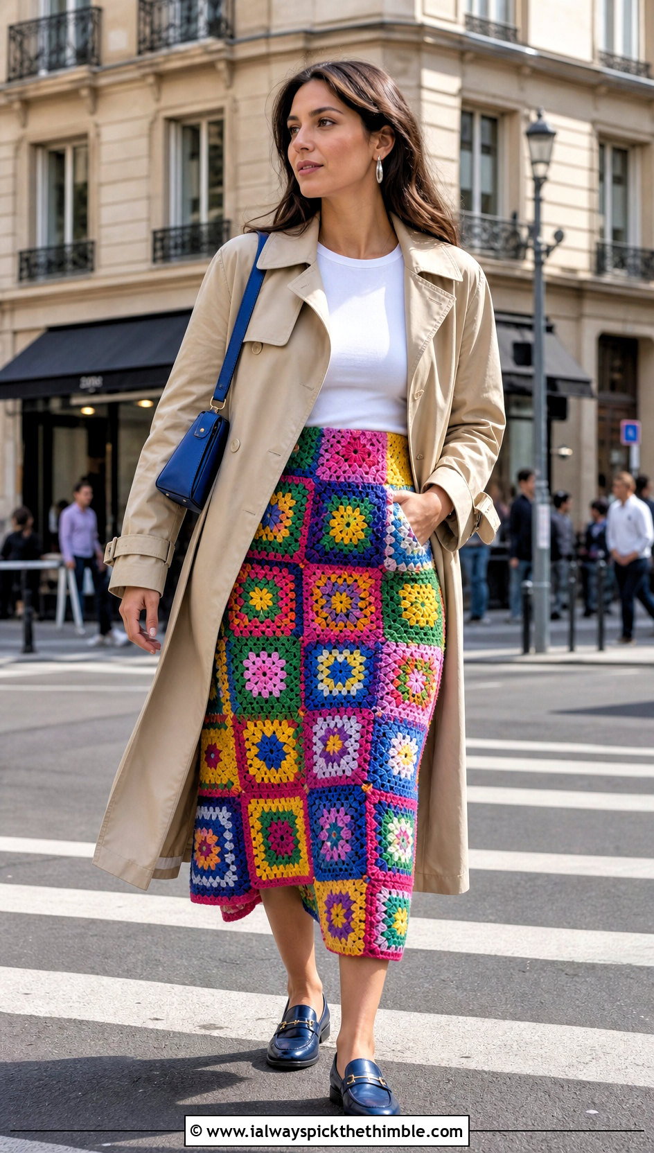 Patchwork Granny Square Skirt With Trench Coat - 25 granny square skirt outfit ideas
