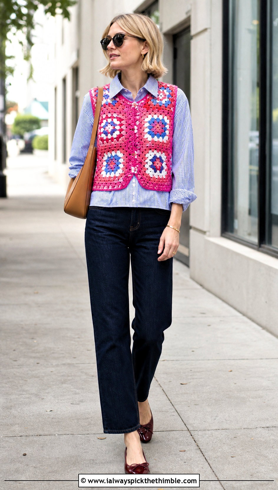 Patchwork Granny Square Sleeveless Vest With Striped Shirt - 20 Granny Square Sleeveless Vest outfit ideas