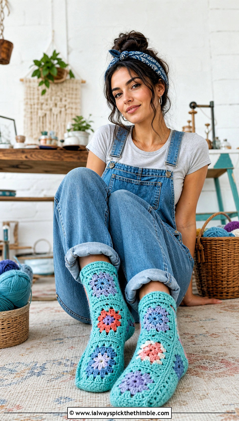 Patchwork Granny Square Slipper Socks With Denim Overalls - 15 Granny Square Slipper Socks outfit ideas