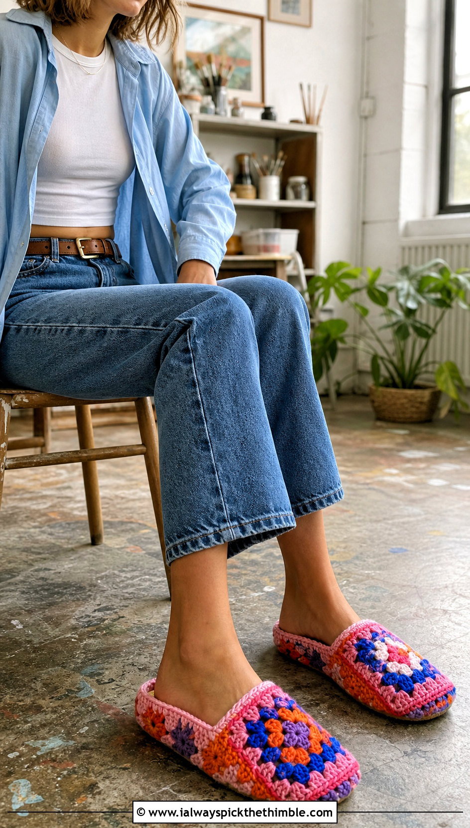 Patchwork Granny Square Slippers With Jeans - 20 Crochet Granny Square Slippers outfit ideas