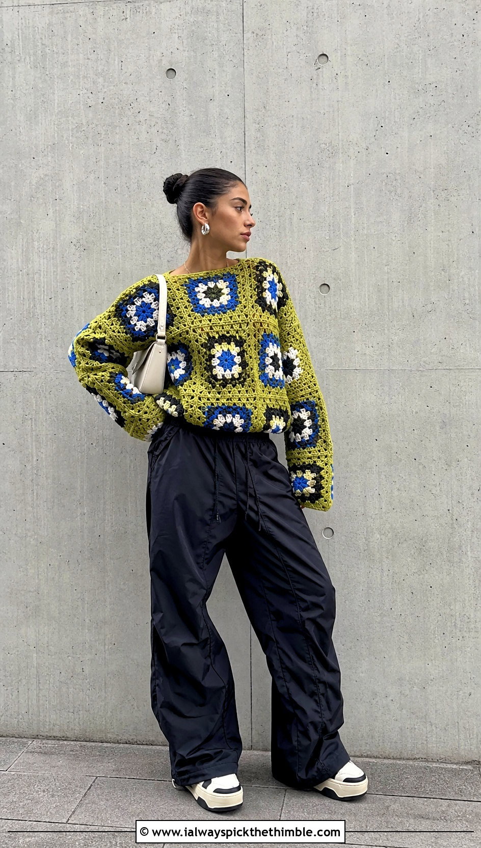 Patchwork Granny Square Slouchy Crochet Sweater With Parachute Pants - 20 slouchy crochet sweater outfit ideas