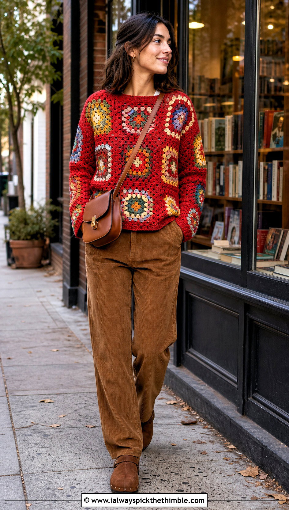 Patchwork Granny Square Stitch Pullover With Corduroy Trousers - 20 granny square stitch sweater outfit ideas