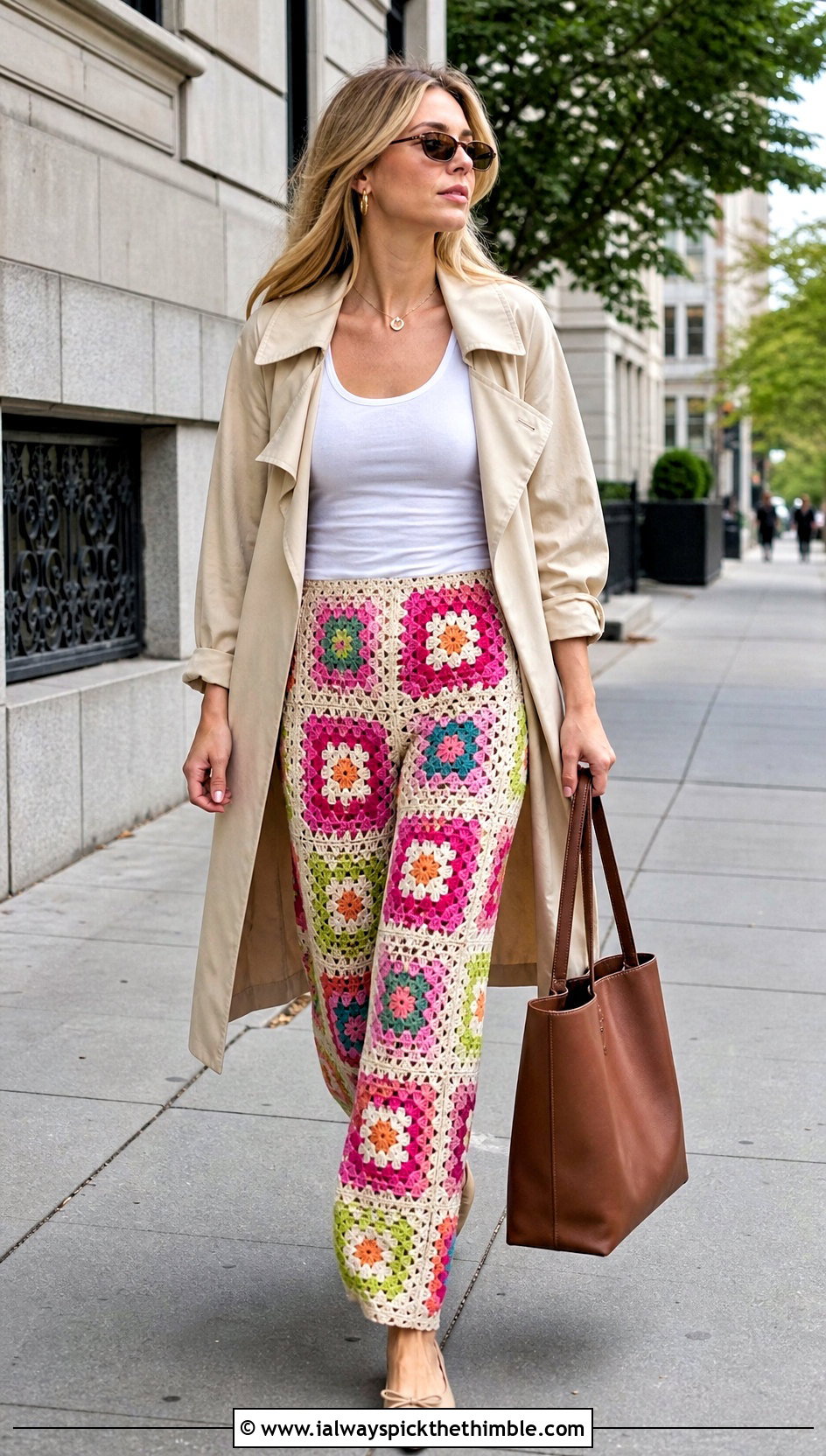Patchwork Granny Square Straight Leg Crochet Beach Trousers With Trench Coat - 20 Crochet Beach Trousers outfit ideas