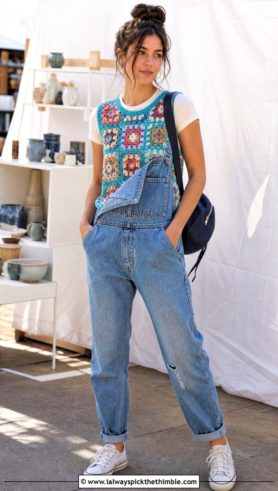 Patchwork Granny Square Sweater Vest With Overalls - 25 granny square sweater vest outfit ideas