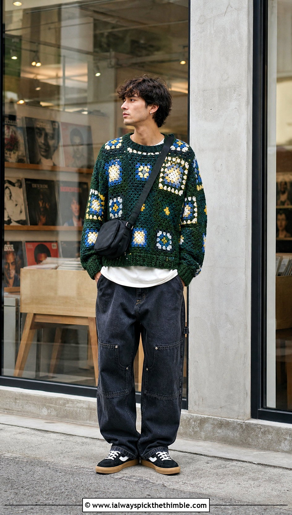 Patchwork Granny Square Sweater With Double Knee Pants - 20 Crochet Granny Square Sweater For Men outfit ideas