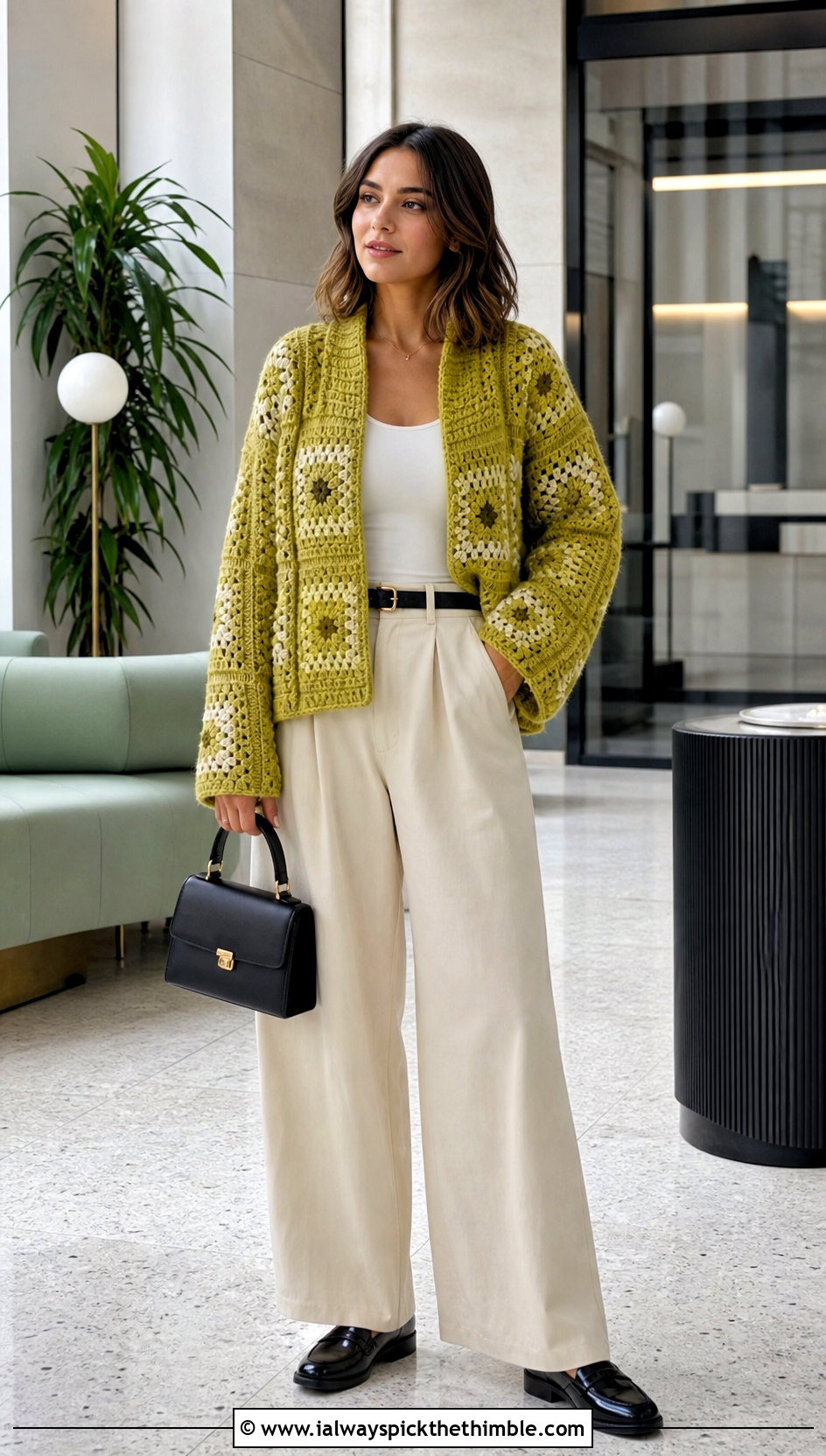 Patchwork Granny Square Sweater With Wide Leg Trousers - 20 oversized granny square sweater outfit ideas