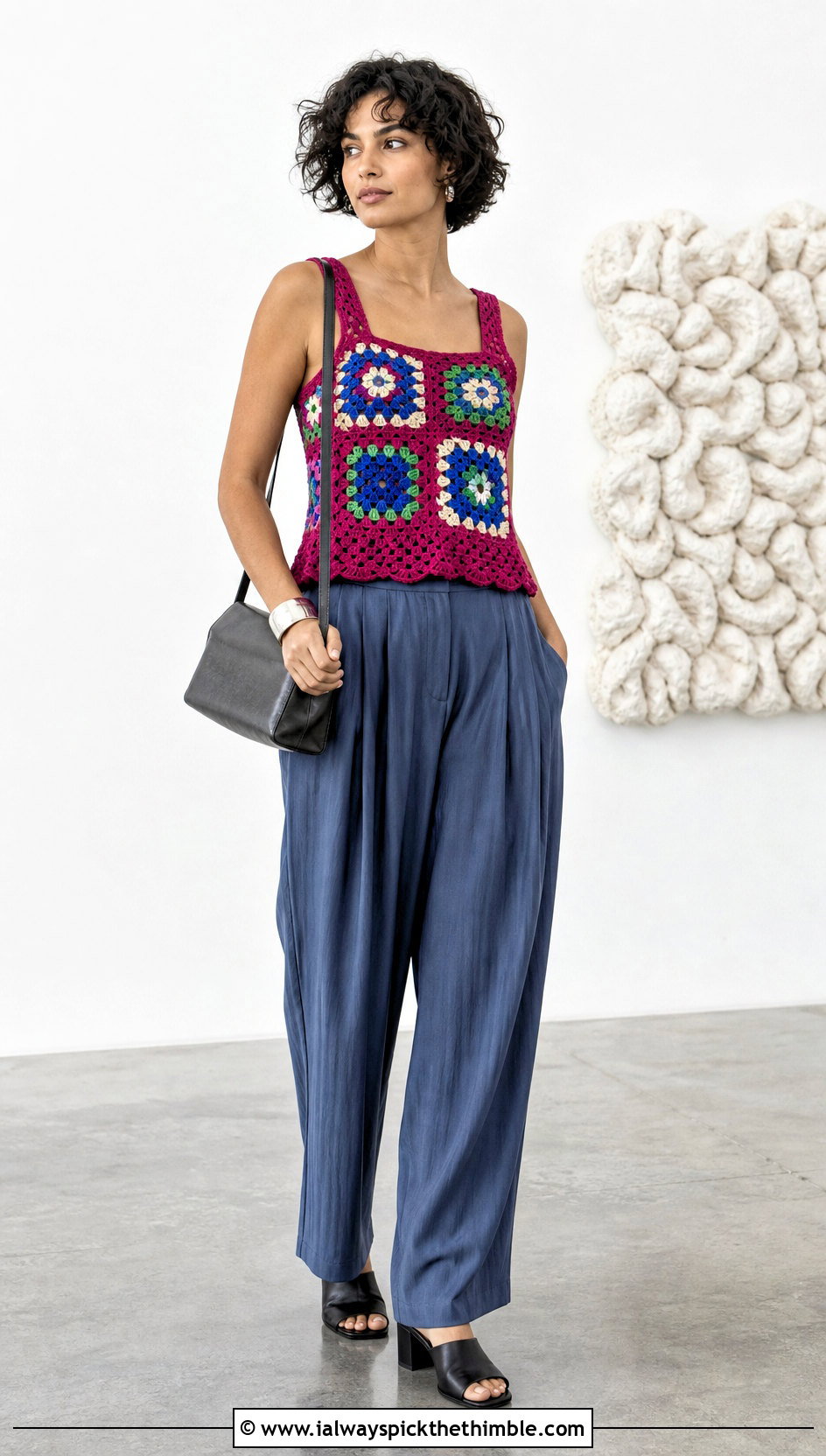Patchwork Granny Square Tank Top With Pleated Trousers - 20 crochet granny tank top outfit ideas
