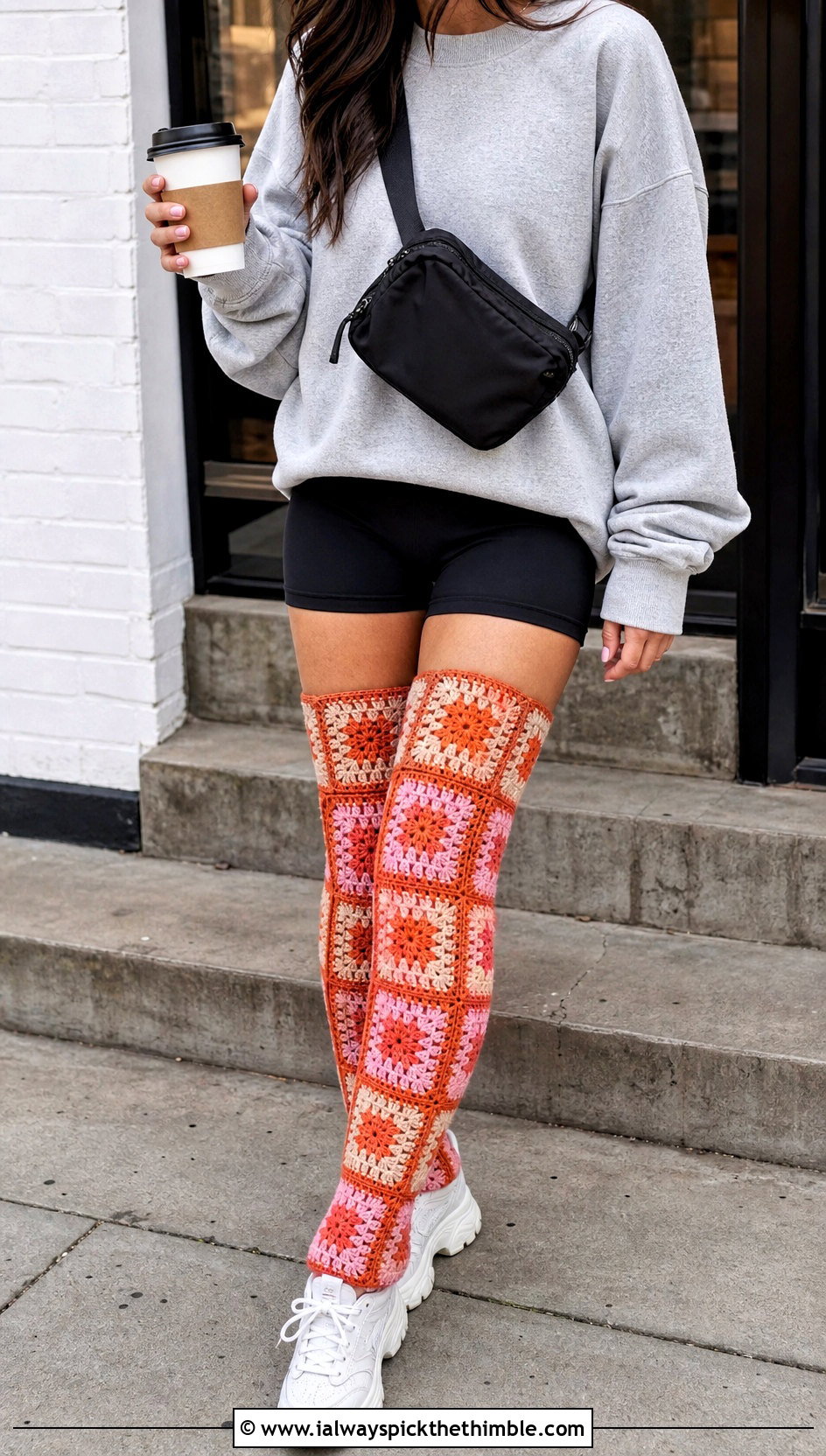 Patchwork Granny Square Thigh High Socks With Sweatshirt - 20 granny square thigh high socks outfit ideas