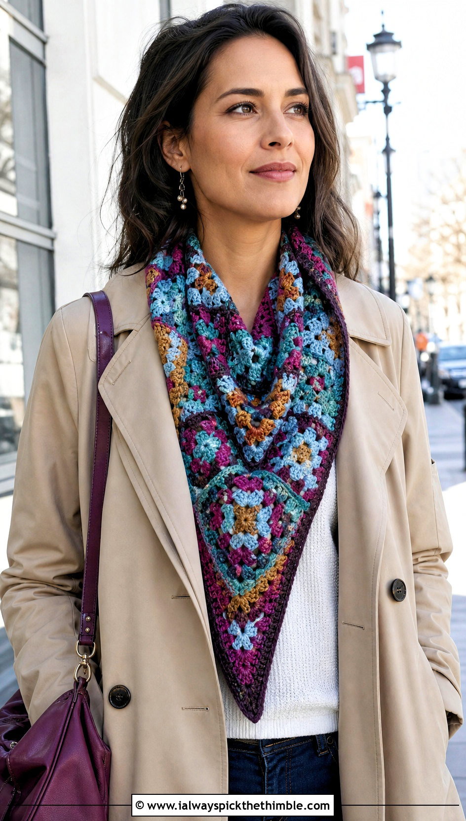 Patchwork Granny Square Triangle Shawl With Trench Coat And Straight Jeans - 20 granny square triangle shawl outfit ideas