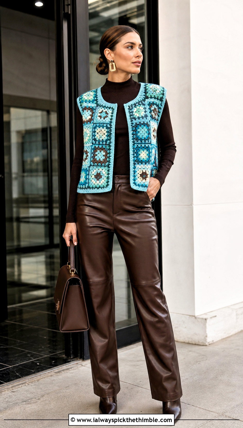 Patchwork Granny Square Vest With Leather Pants - 25 granny square vest outfit ideas