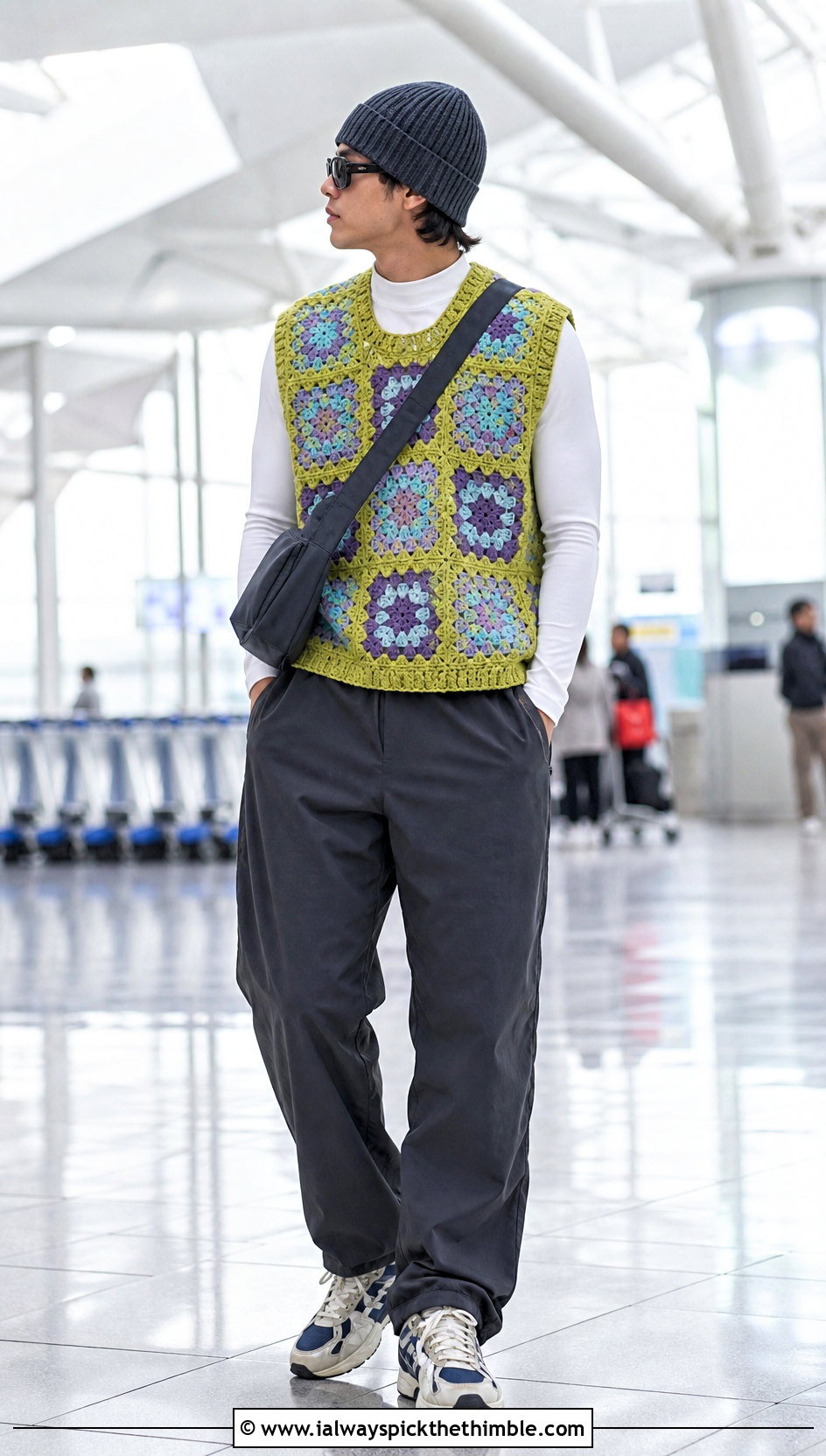 Patchwork Granny Square Vest With Track Pants And Retro Sneakers - 20 crochet granny square mens vest outfit ideas