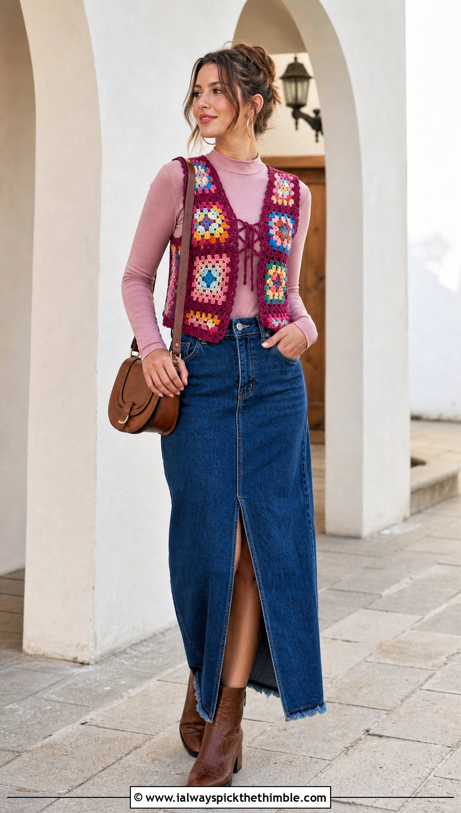 Patchwork Granny Square Vest With a Denim Maxi Skirt - 20 Granny Squares Vest outfit ideas