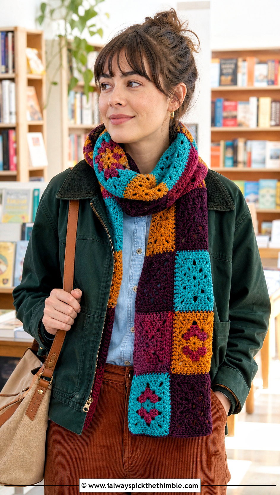 Patchwork Granny Stitch Scarf With Corduroy Outfit - 20 crochet granny stitch scarf outfit ideas