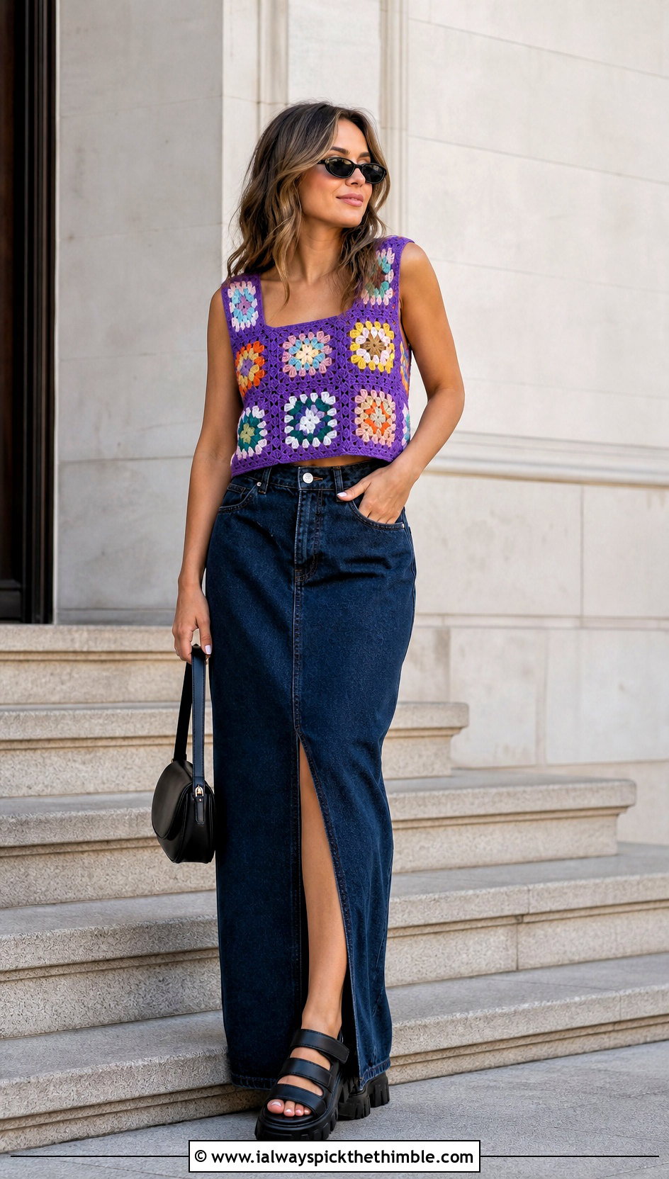 Patchwork Granny Top With Denim Maxi Skirt - 20 crochet granny top outfit ideas
