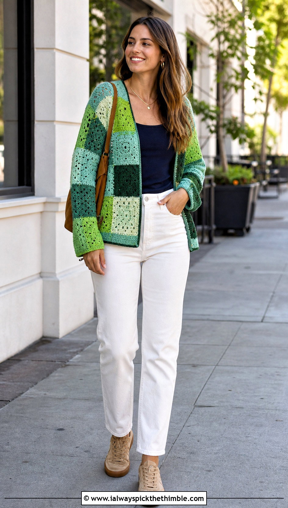 Patchwork Green Crochet Cardigan With White Jeans - 25 green crochet cardigan outfit ideas