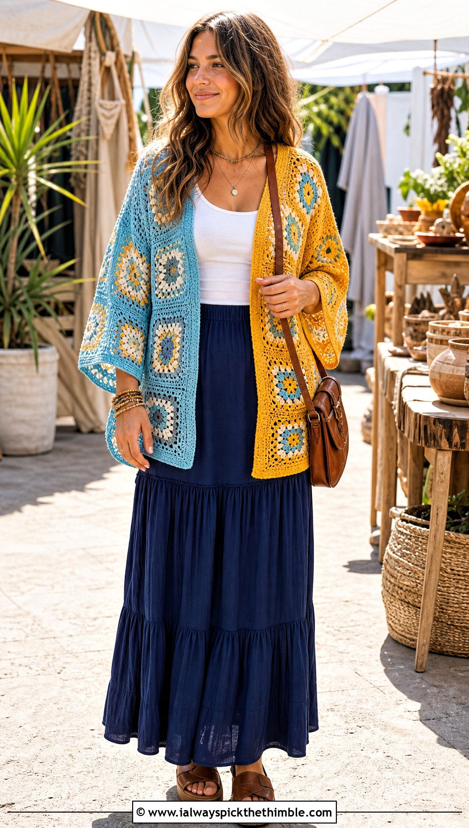 Patchwork Half And Half Crochet Cardigan With Tiered Maxi Skirt - 20 Half And Half Crochet Cardigan outfit ideas