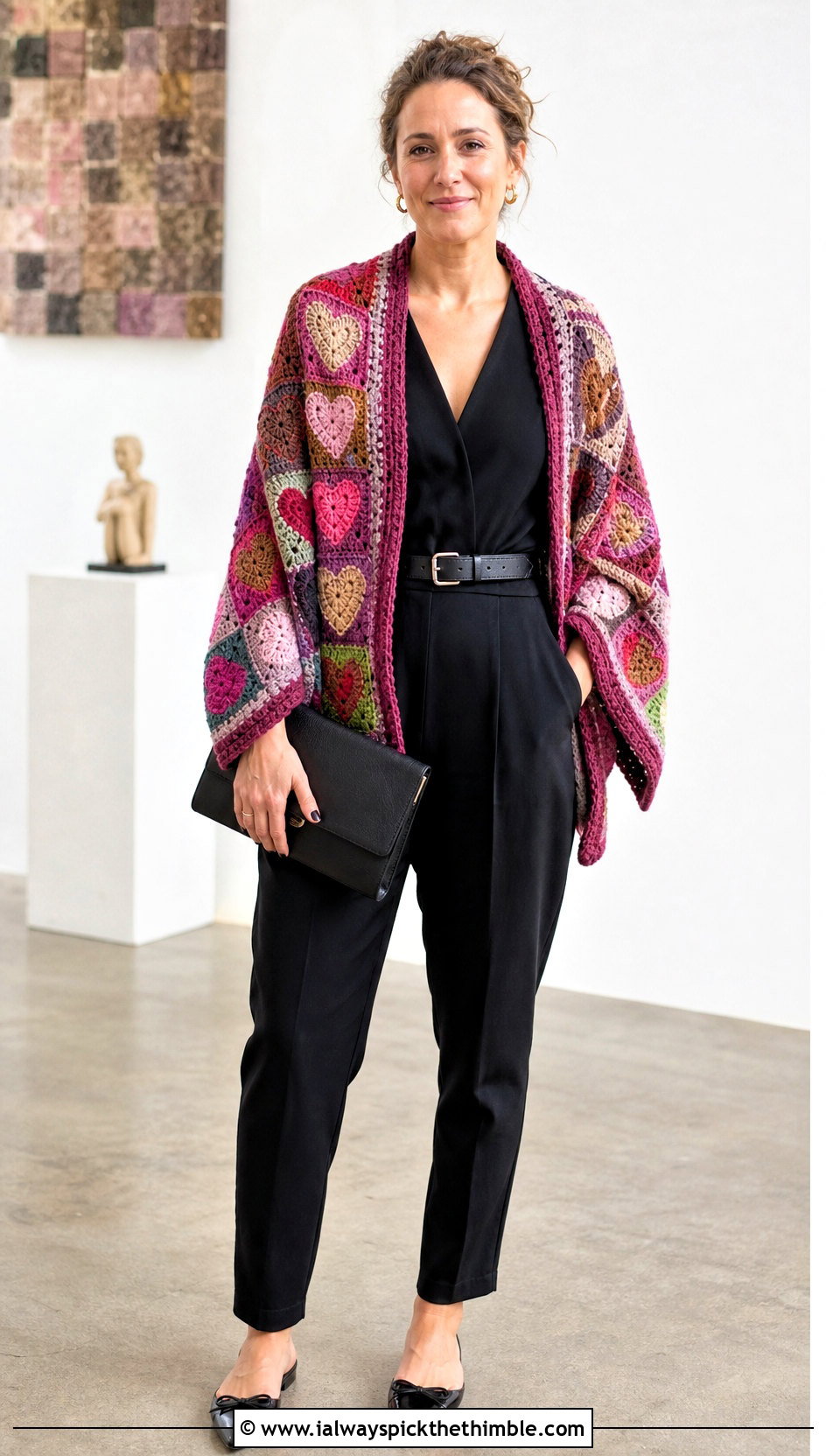 Patchwork Heart Crochet Shawl With Black Jumpsuit - 20 Heart Crochet Shawl outfit ideas