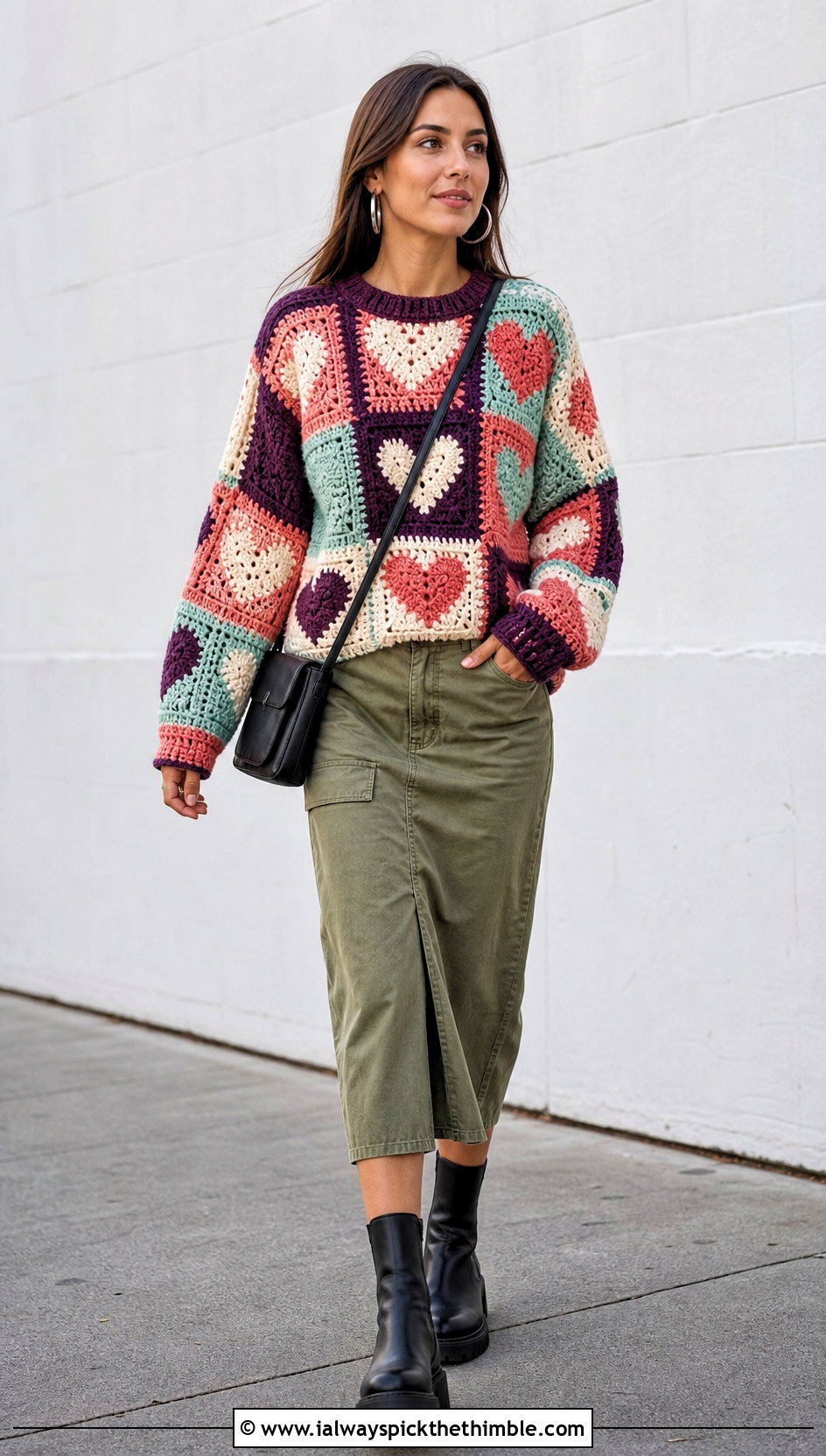 Patchwork Heart Crochet Sweater With Utility Skirt - 15 sweetheart crochet sweater outfit ideas