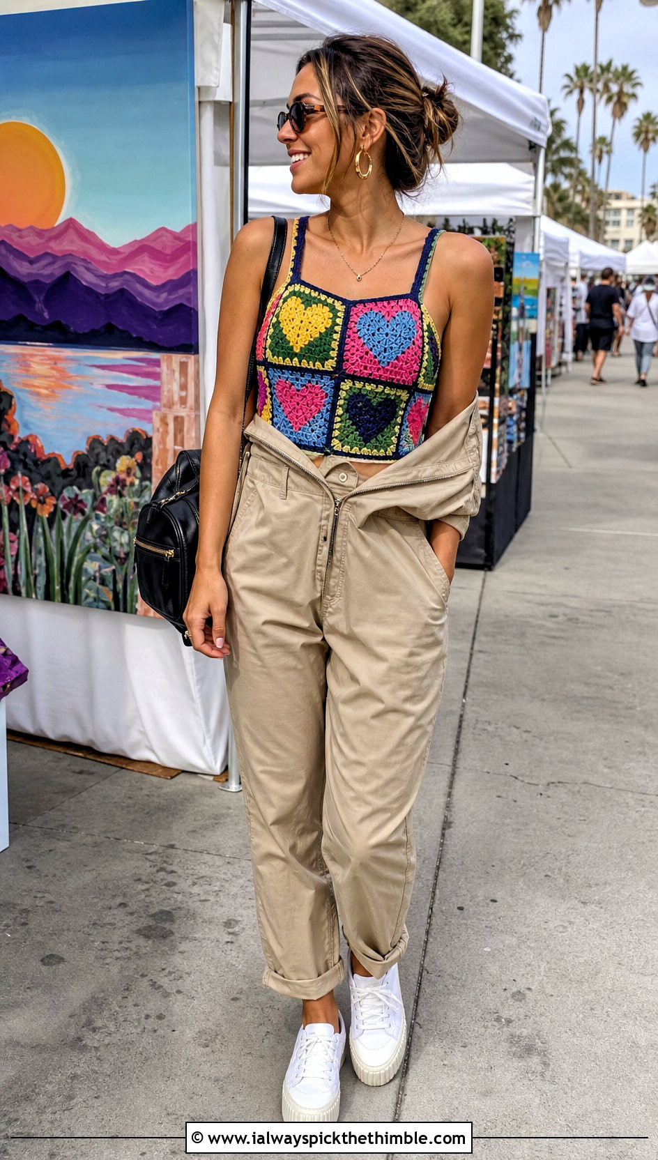 Patchwork Heart Crochet Tank With Utility Jumpsuit - 15 heart crochet top outfit ideas