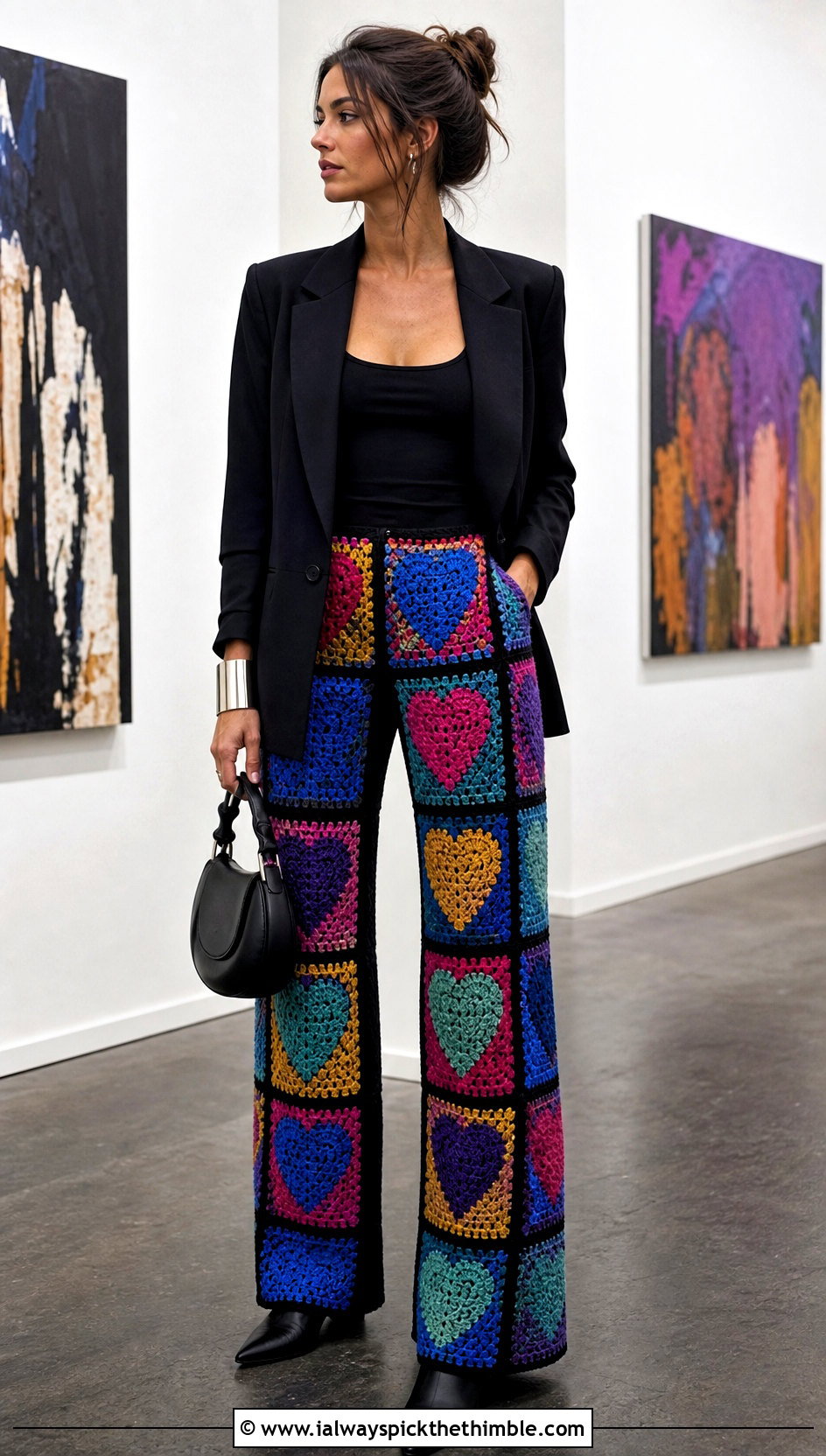 Patchwork Heart Granny Square Pants With Black Tank - 20 heart granny square pants outfit ideas