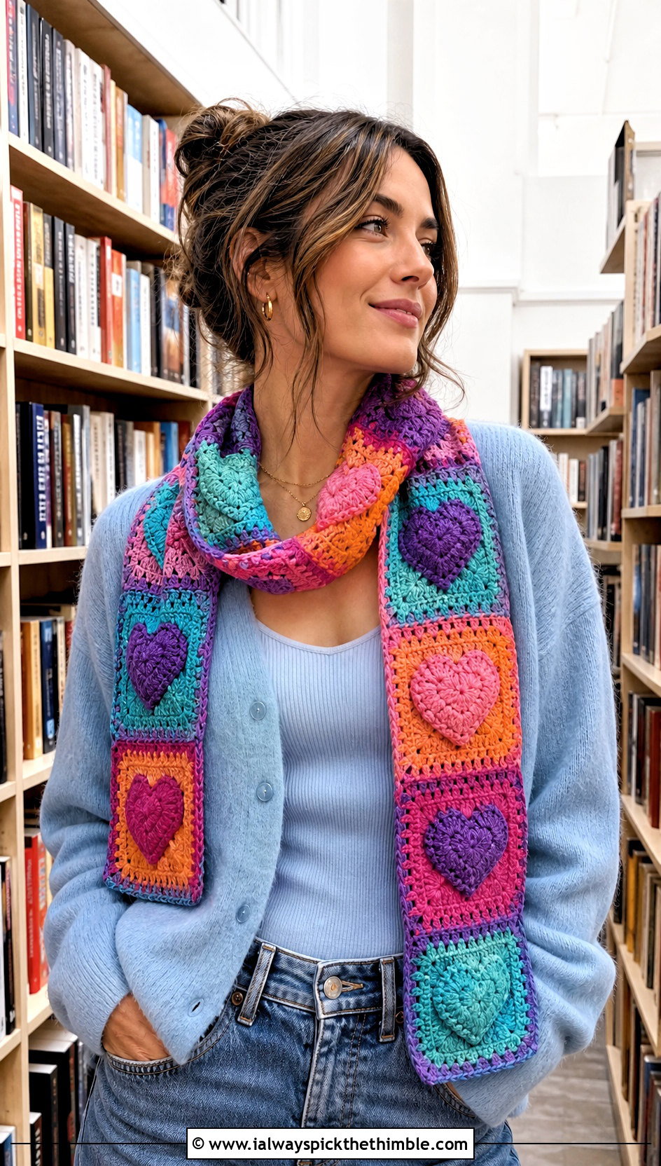 Patchwork Heart Scarf With Cardigan And Jeans - 20 crochet heart scarf outfit ideas