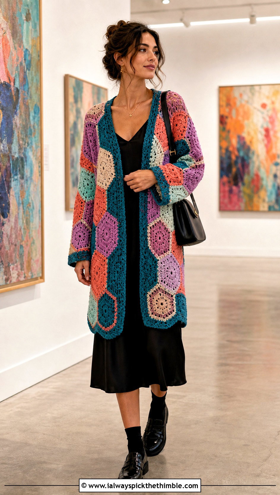 Patchwork Hexagon Cardigan With Slip Dress - 25 crochet hexagon cardigan outfit ideas