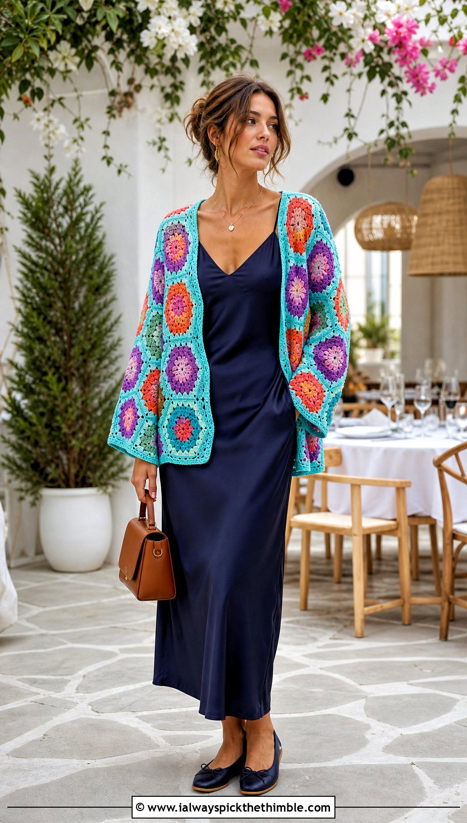 Patchwork Hexagon Crochet Cardigan With Slip Dress - 20 Hexagon Crochet Cardigan With Granny Squares outfit ideas