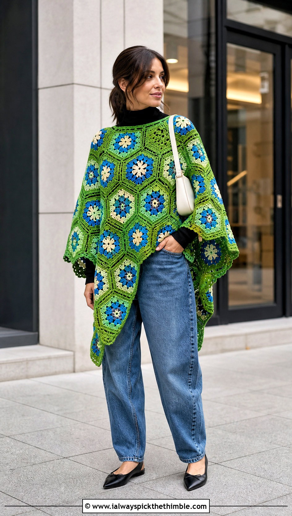 Patchwork Hexagon Crochet Poncho With Barrel Jeans - 20 Hexagon Crochet Poncho outfit ideas
