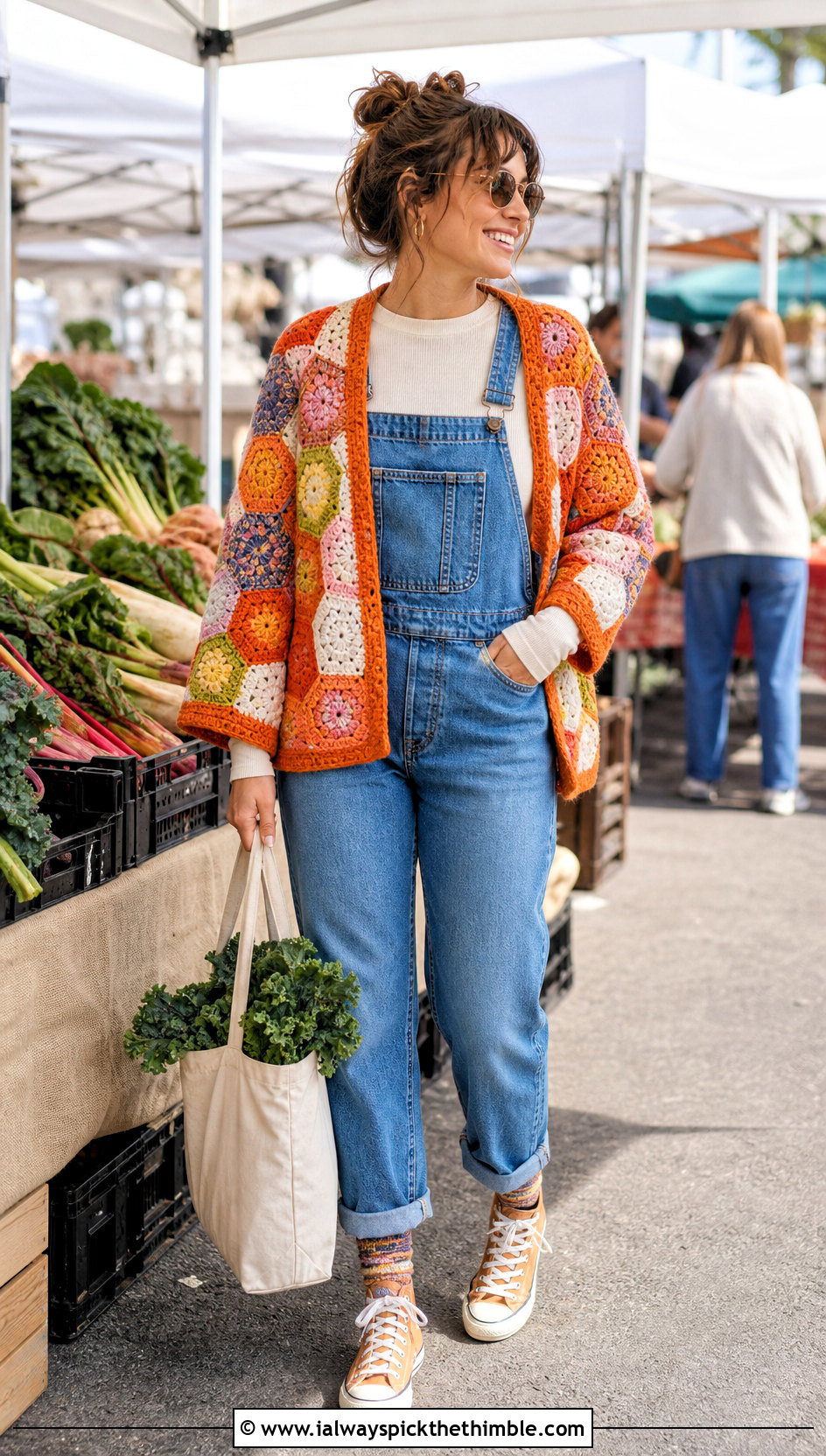 Patchwork Hexagon Granny Square Cardigan With Denim Overalls - 25 hexagon granny square cardigan outfit ideas