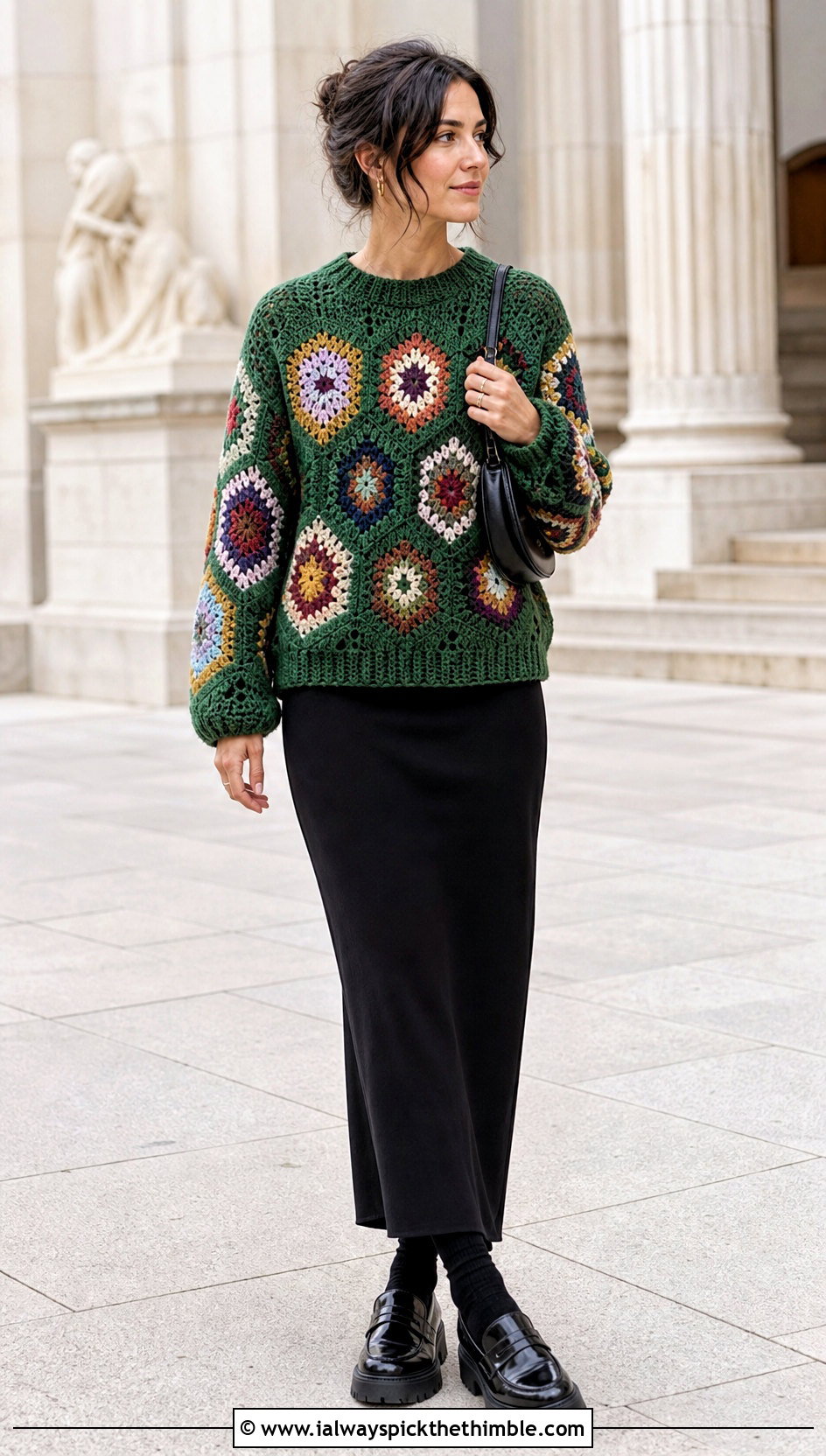 Patchwork Hexagon Granny Square Pullover With Black Maxi Skirt - 20 Hexagon Granny Square Pullover outfit ideas