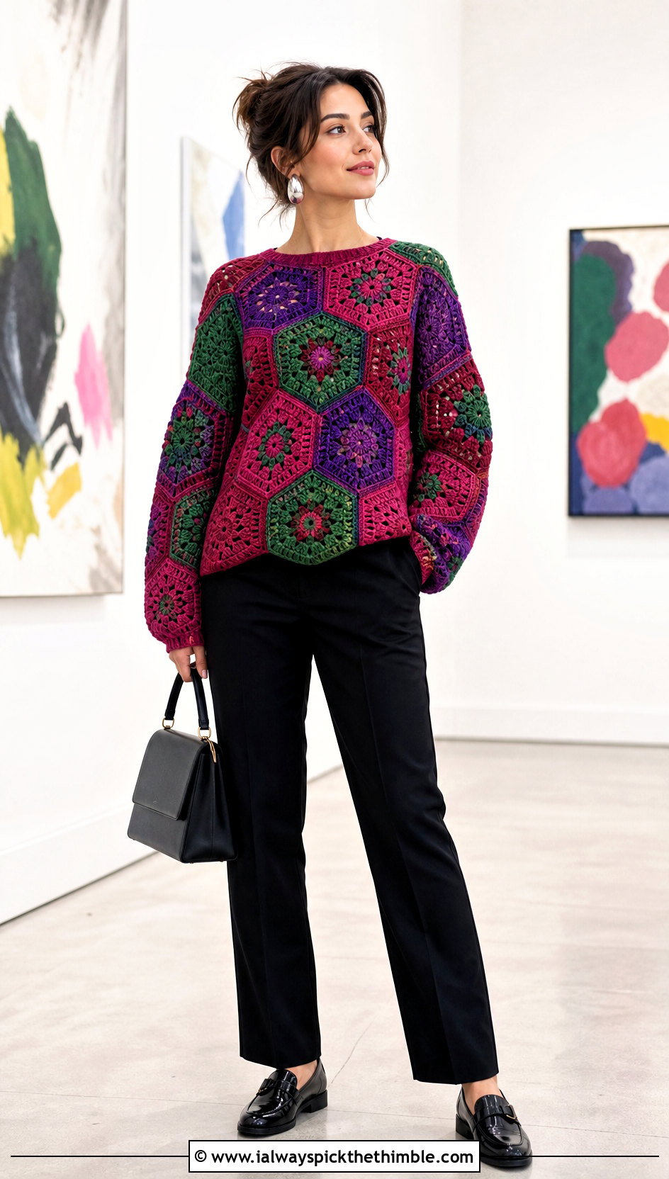 Patchwork Hexagon Pullover With Black Trousers - 25 crochet hexagon pullover outfit ideas