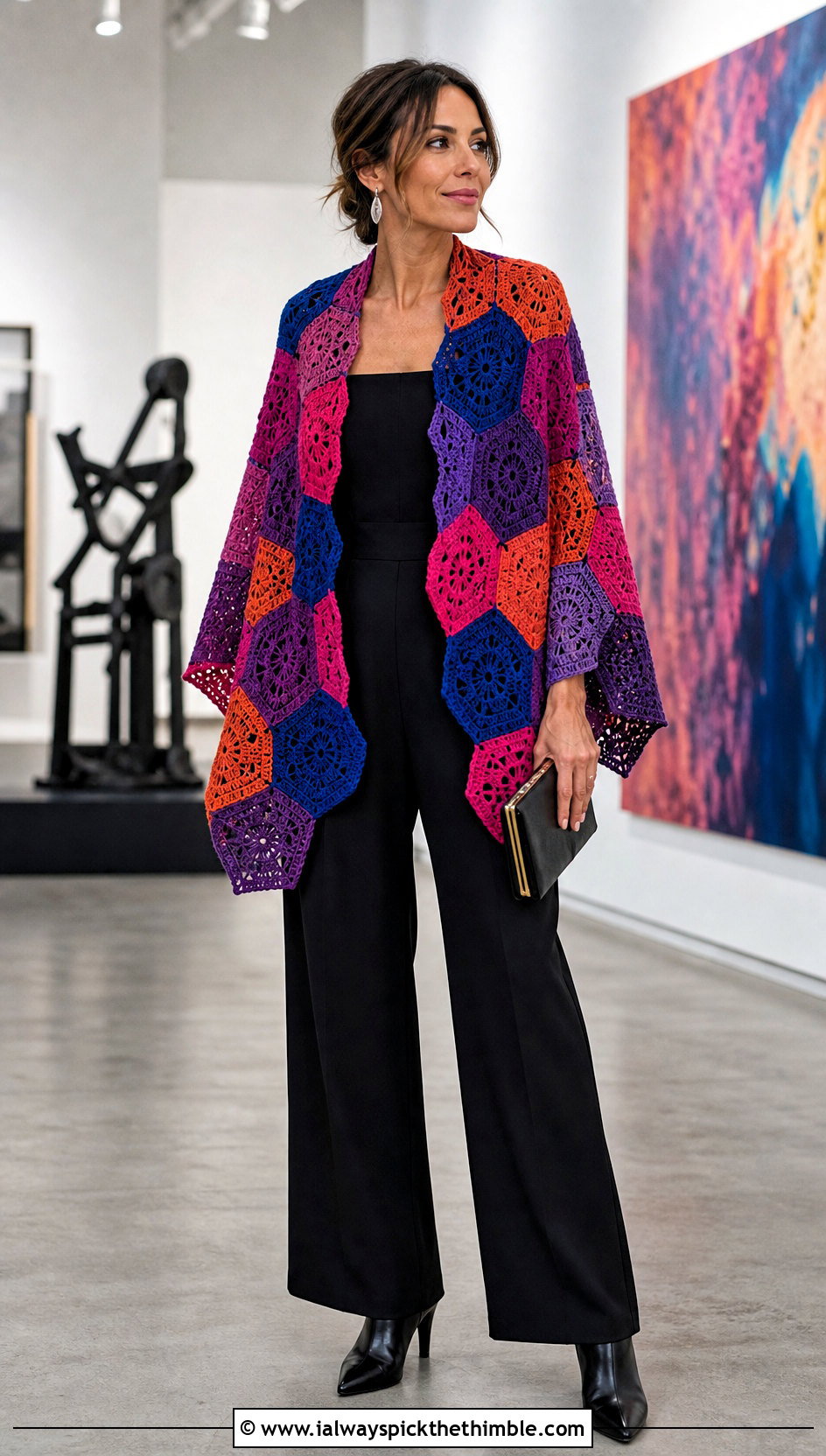 Patchwork Hexagon Shawl With Black Jumpsuit - 20 Crochet Hexagon Shawl outfit ideas