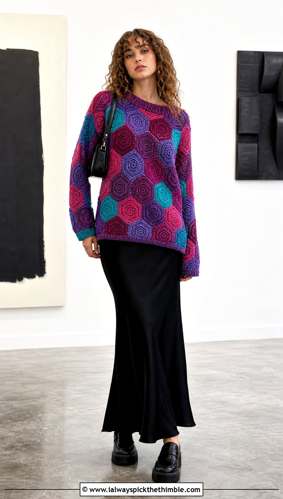 Patchwork Hexagon Sweater With Black Maxi Skirt - 25 crochet hexagon sweater outfit ideas