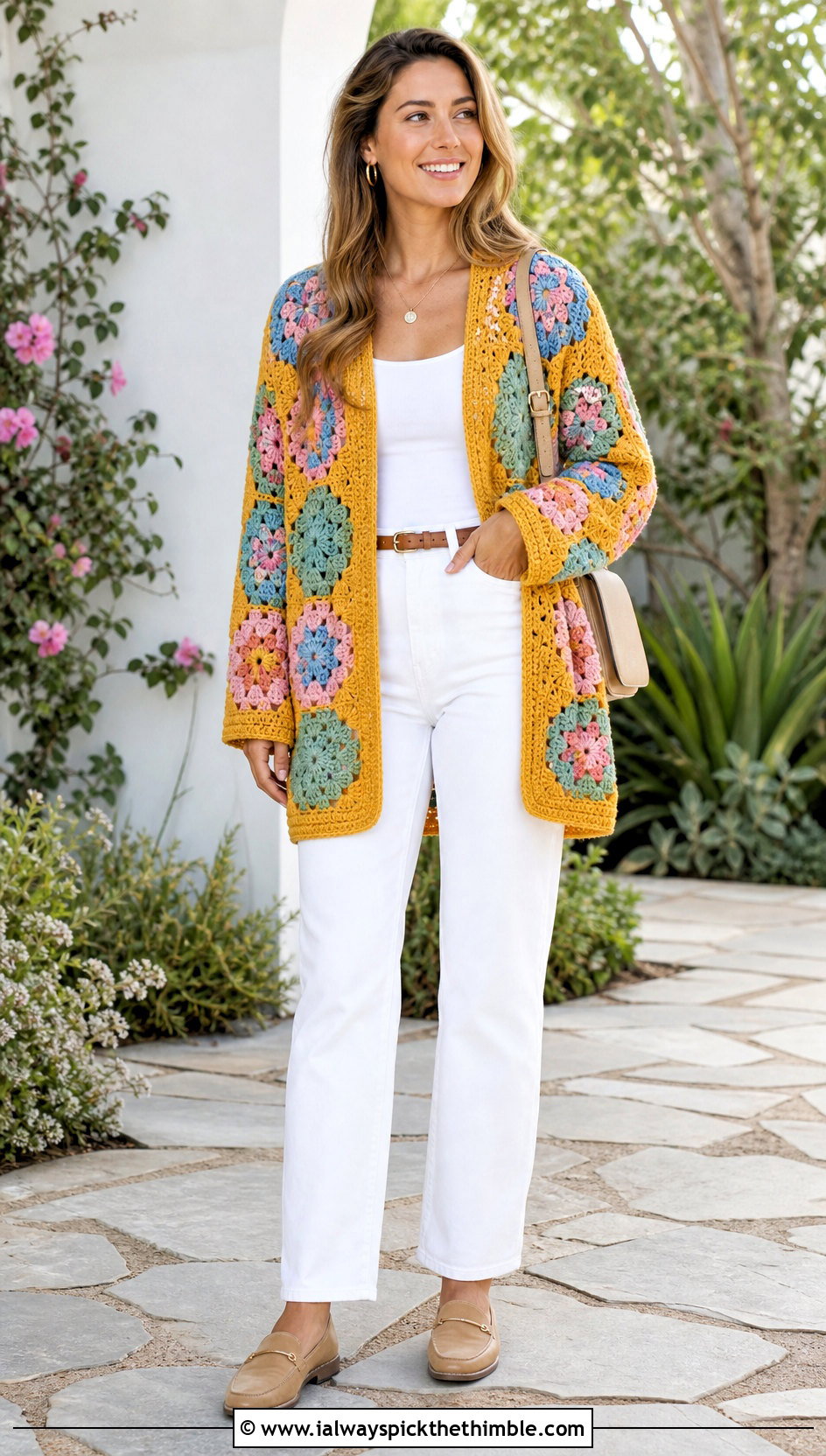 Patchwork Hexi Cardi With White Jeans - 25 crochet hexi cardi outfit ideas