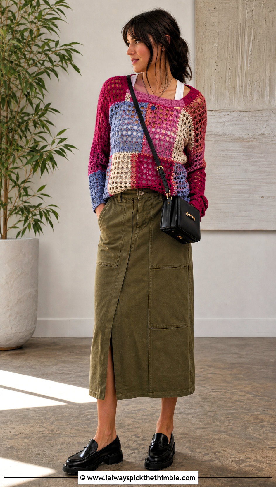 Patchwork Hollow Out Crochet Sweater With Utility Midi Skirt - 20 Hollow Out Crochet Sweater outfit ideas