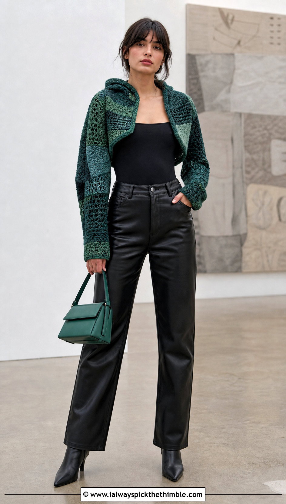 Patchwork Hooded Crochet Bolero With Leather Pants - 20 hooded crochet bolero outfit ideas