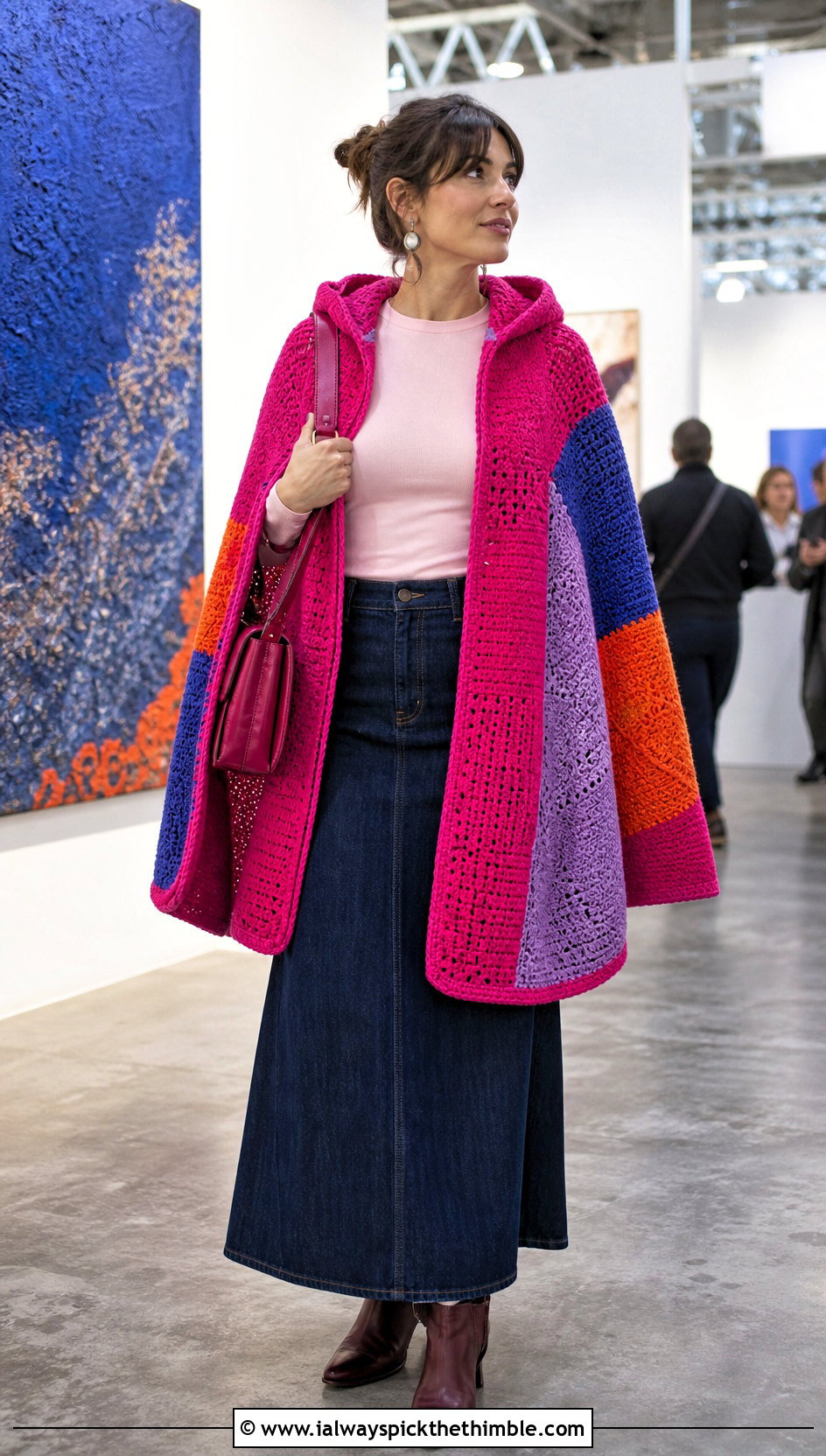 Patchwork Hooded Crochet Cape With Denim Maxi Skirt - 20 Hooded Crochet Cape outfit ideas