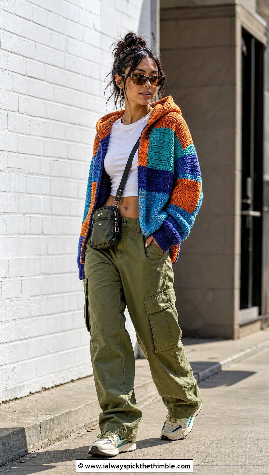 Patchwork Hooded Crochet Cardigan With Cargo Pants - 25 hooded crochet cardigan outfit ideas