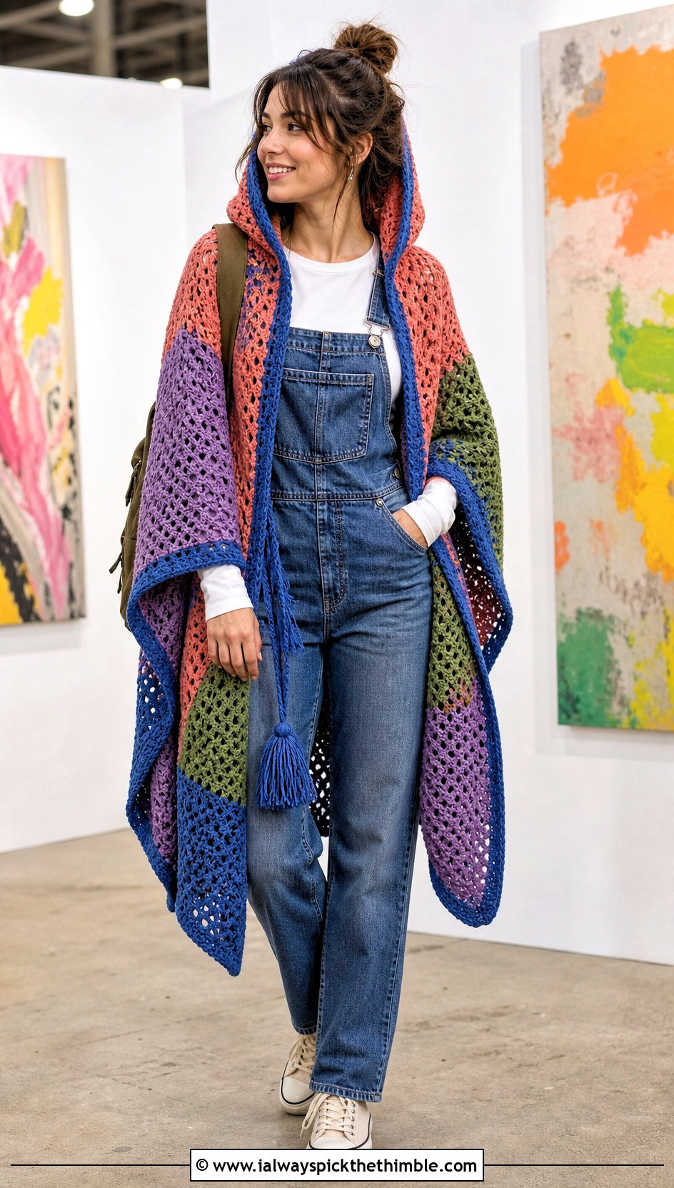 Patchwork Hooded Crochet Ruana With Denim Overalls - 20 Hooded Crochet Ruana outfit ideas