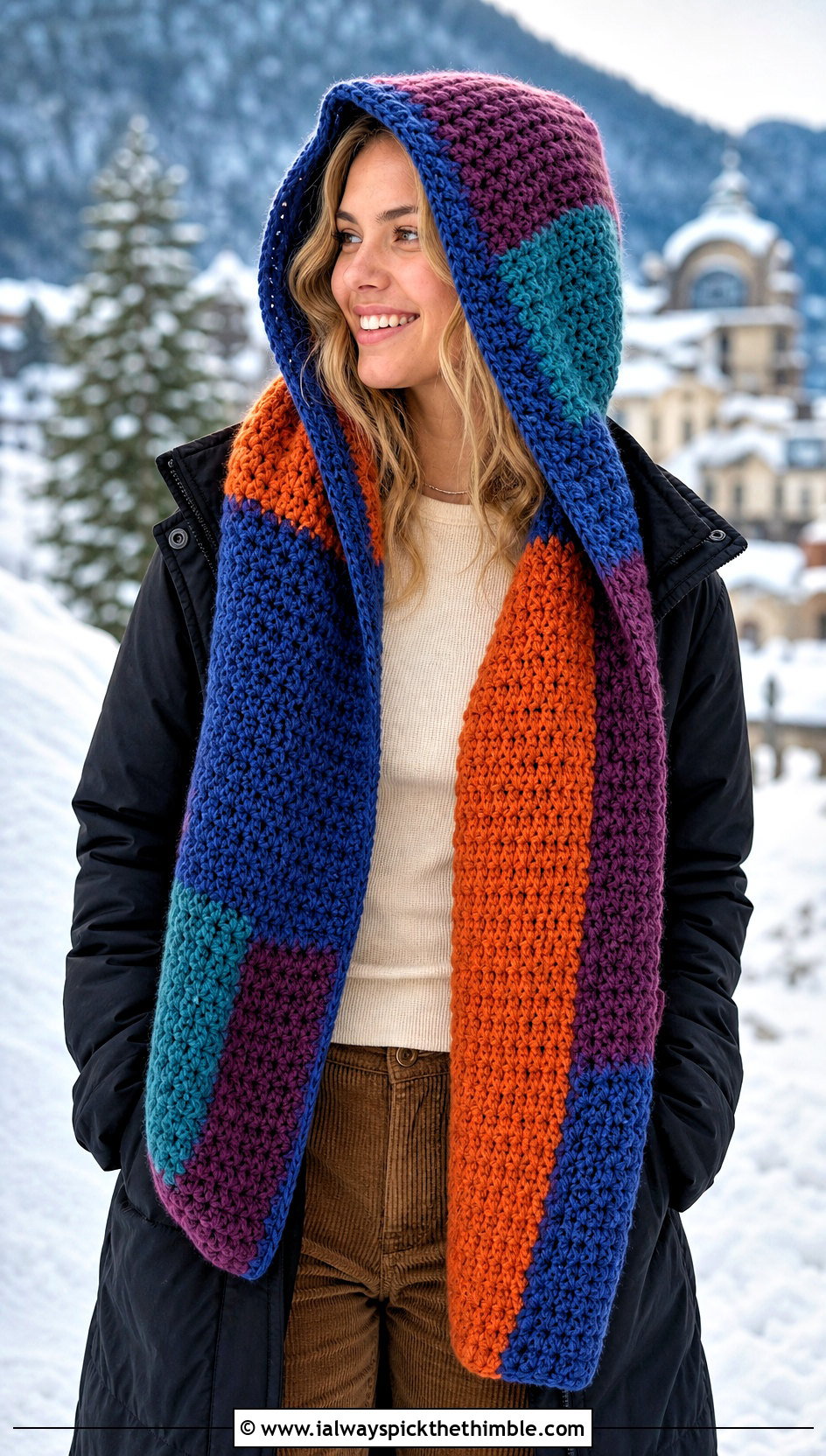 Patchwork Hooded Crochet Scarf With Parka - 20 crochet for scarfs outfit ideas
