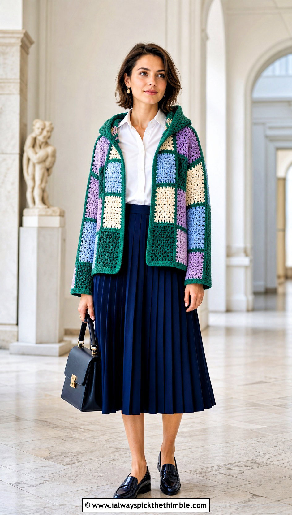 Patchwork Hooded Crochet Shrug With Pleated Midi Skirt - 20 hooded crochet shrug outfit ideas