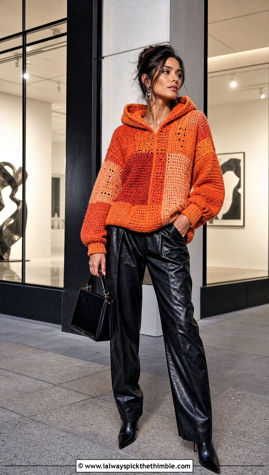Patchwork Hooded Crochet Sweater With Leather Trousers - 20 Hooded Crochet Sweater outfit ideas