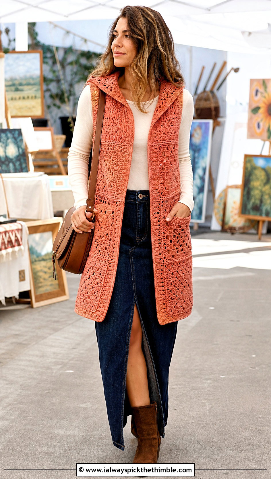 Patchwork Hooded Crochet Vest With Denim Maxi Skirt - 20 crochet vest with hood outfit ideas