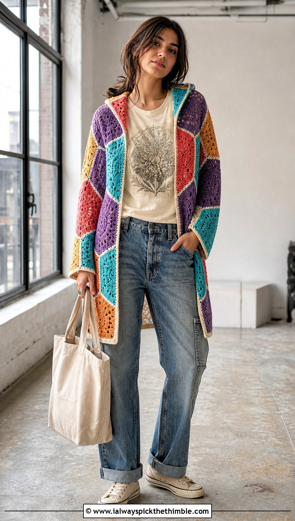 Patchwork Hooded Hexagon Cardigan With Carpenter Jeans - 20 Crochet Hexagon Cardigan With Hood outfit ideas