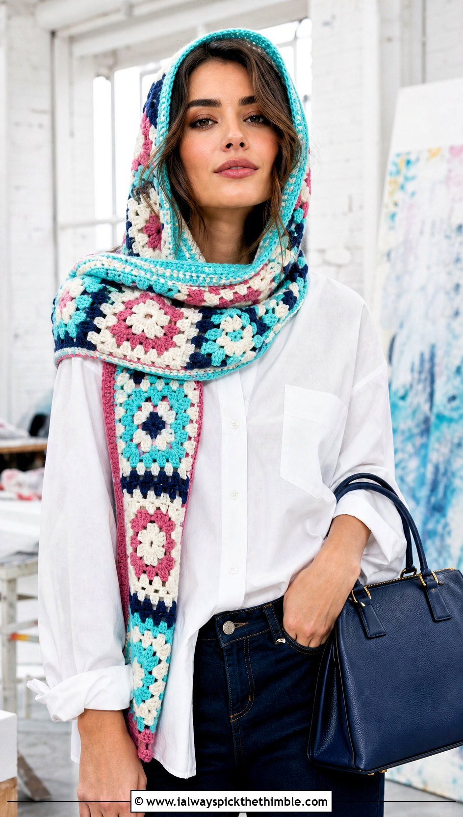Patchwork Hooded Scarf With White Shirt And Tailored Jeans - 20 crochet scarf with hood outfit ideas